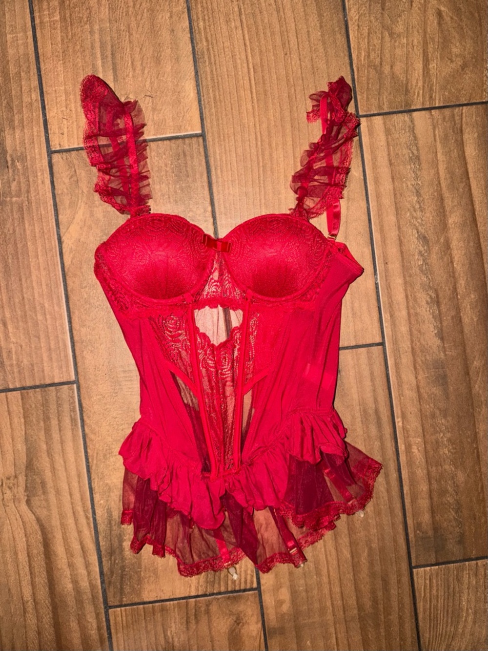 Cider Red Lace Ruffle Bustier Chemise